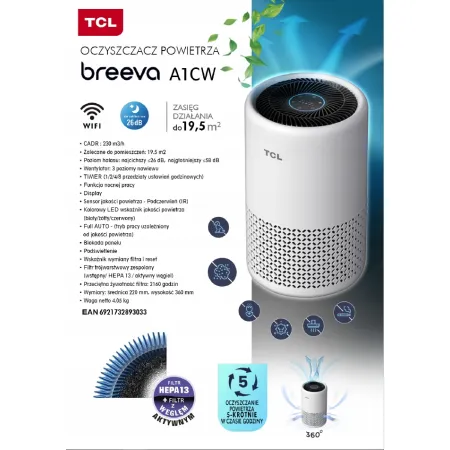 Oczyszczacz powietrza TCL A1CW Biały Timer 53W