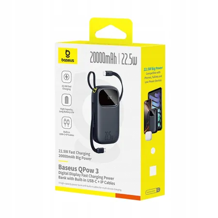 Powerbank 20000mAh 22.5W wbudowane kable USB-C + do iPhone Baseus czarny