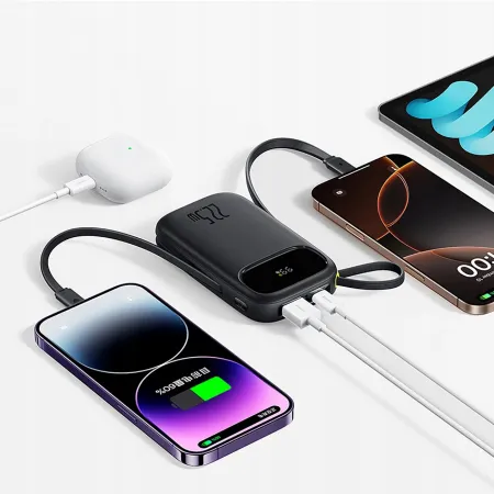Powerbank 20000mAh 22.5W wbudowane kable USB-C + do iPhone Baseus czarny