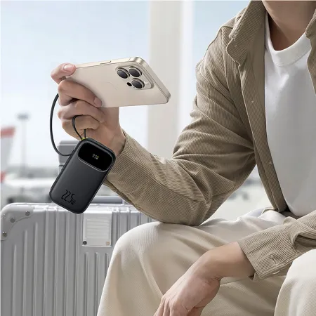 Powerbank 20000mAh 22.5W wbudowane kable USB-C + do iPhone Baseus czarny